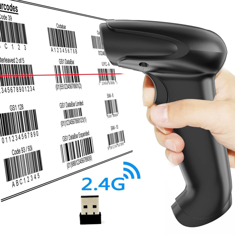 [Australia - AusPower] - Symcode Wireless Handheld Barcode Scanner Versatile 2-in-1 (2.4Ghz Wireless+USB 2.0 Wired) 328 Feet Transmission Distance Rechargeable 1D Laser Automatic Bar Code Reader Scanner(Black) 