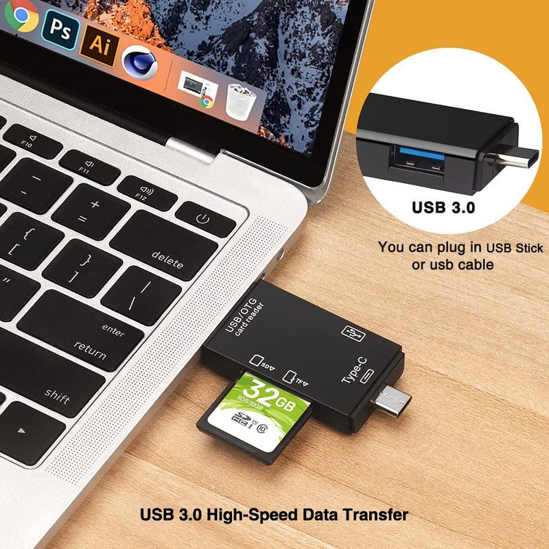 [Australia - AusPower] - SD/Micro SD Memory Card Reader, BorlterClamp 6 in 1 USB C SD/TF Card Reader MicroUSB OTG Card Reader Compatible with PC, Laptop, MacBook, Smartphone (Black) 