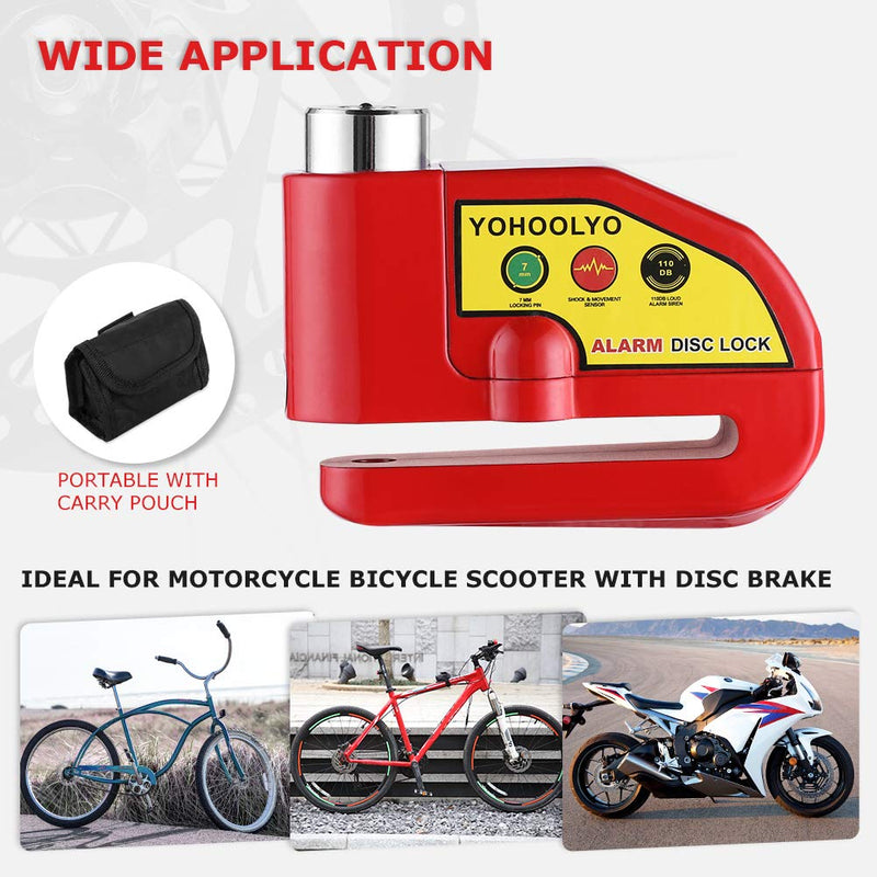 [Australia - AusPower] - YOHOOLYO Alarm Disc Lock Motorcycle Disc Brake Lock Anti-Theft Waterproof 110 dB 7mm Pin 5ft Reminder Cable for Motorcycles Bike Scooter Carry Pouch (Red) Red 