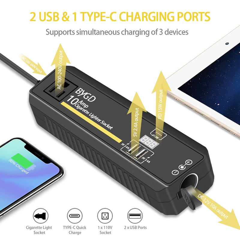 [Australia - AusPower] - AC to DC Converter, 100-240V to 12V 10A Power Adapter with Cigarette Lighter Socket and Voltage Display, 2 USB Ports & Type-C, Power Converter for Car Vacuum Cleaner, Car Refrigerator, Inflate Pump 