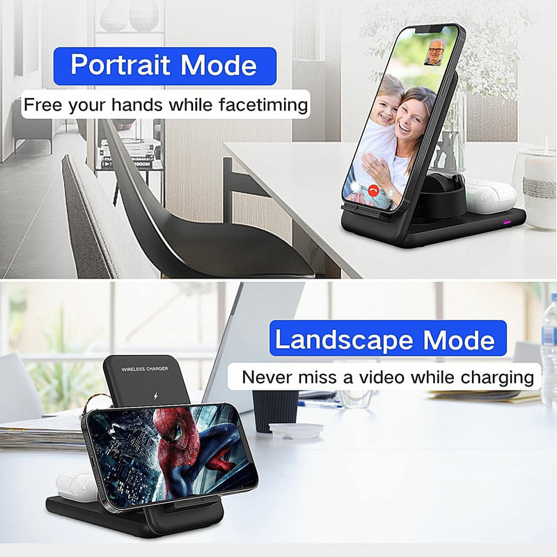 [Australia - AusPower] - 3 in 1 Wireless Charger, FYEZON Foldable Charging Stand, Fast Charging Station with 18W Adapter Compatible with iPhone 13/12/11 Series/XR/X/Xs/8 Plus, Apple iWatch, AirPods 2/Pro (Black) black 