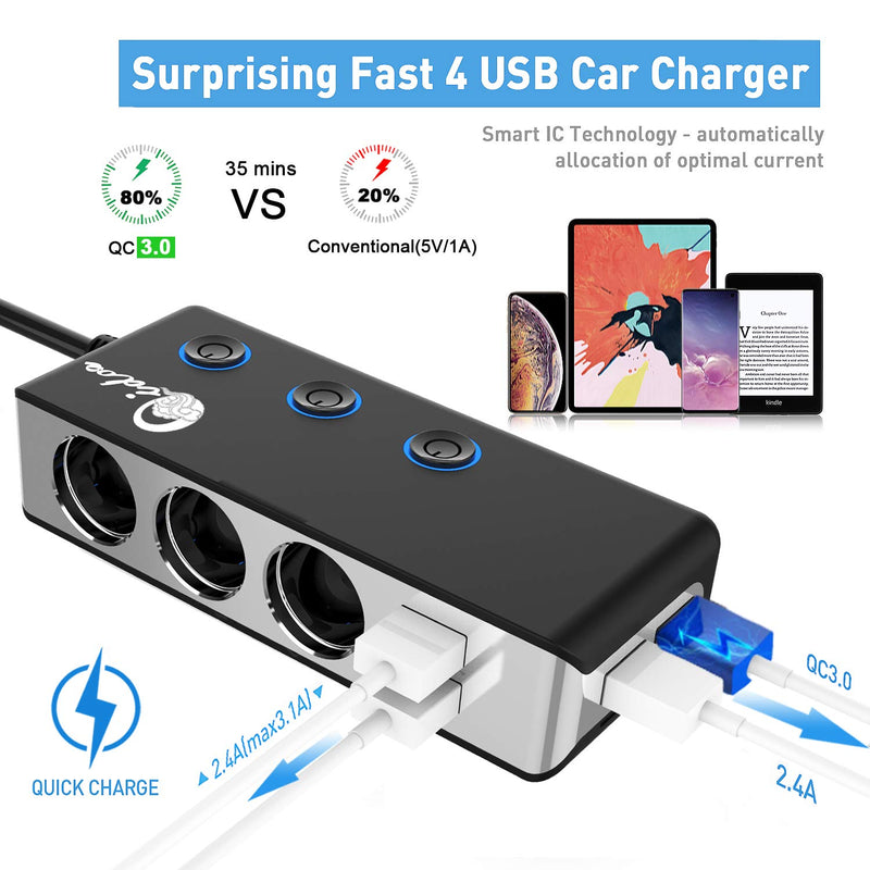 [Australia - AusPower] - [Upgraded Version] Quick Charge 3.0 Cigarette Lighter Splitter, Qidoe 12V/24V 3-Socket 120W DC Power Car Adapter with LED Voltmeter Main Switch, 8.5A 4 USB Fast Outlets, Three Independent ON/Off Multi-Colored 