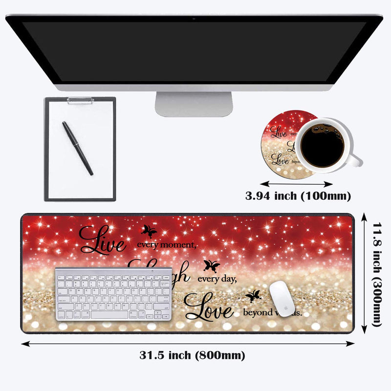 [Australia - AusPower] - Desk Pad Gaming Mouse Pads with Coasters,31.5"x 11.8" Large Non-Slip Rubber Base Mousepad with Stitched Edges for Office & Home,Red Glitter Quote Live Every Moment, Laugh Every Day, Love Beyond Words 