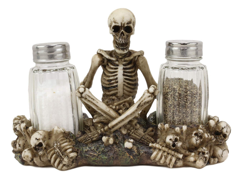 [Australia - AusPower] - Ebros Gothic Day Of The Dead Graveyard Garnish Meditating Skeleton Seated On Graveyard Of Bones And Skulls Salt & Pepper Shakers Holder Figurine Set 6.5" Wide Fantasy Kitchen Decor Statue 