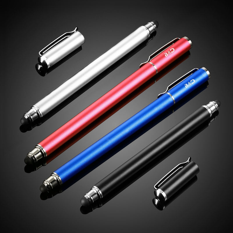 [Australia - AusPower] - Bargains Depot Capacitive Stylus / Styli 2-in-1 Universal Stylus Pens for All Touch Screen Tablets / Cell Phones with 20 Extra Replaceable Soft Rubber Tips (4 Pieces, Black/Red/Silver/Blue) Black&Red&Silver&Blue 