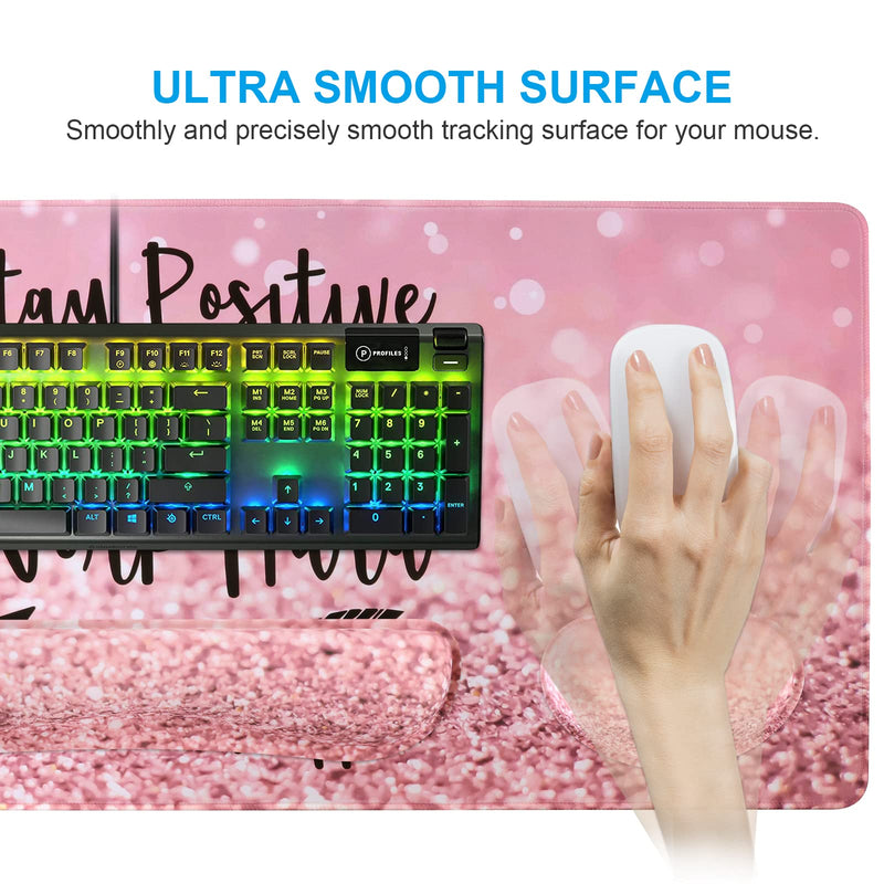 [Australia - AusPower] - iCasso Keyboard Mouse Pad Set,Extended Gaming Mouse Pad+Keyboard Wrist Rest Support , Memory Foam, Easy Typing Pain Relief, 3Pcs (35.4×15.7 in) XXL Ultra Thick Desk Mat -Pink Stay Positive A-Pink Stay Positive 