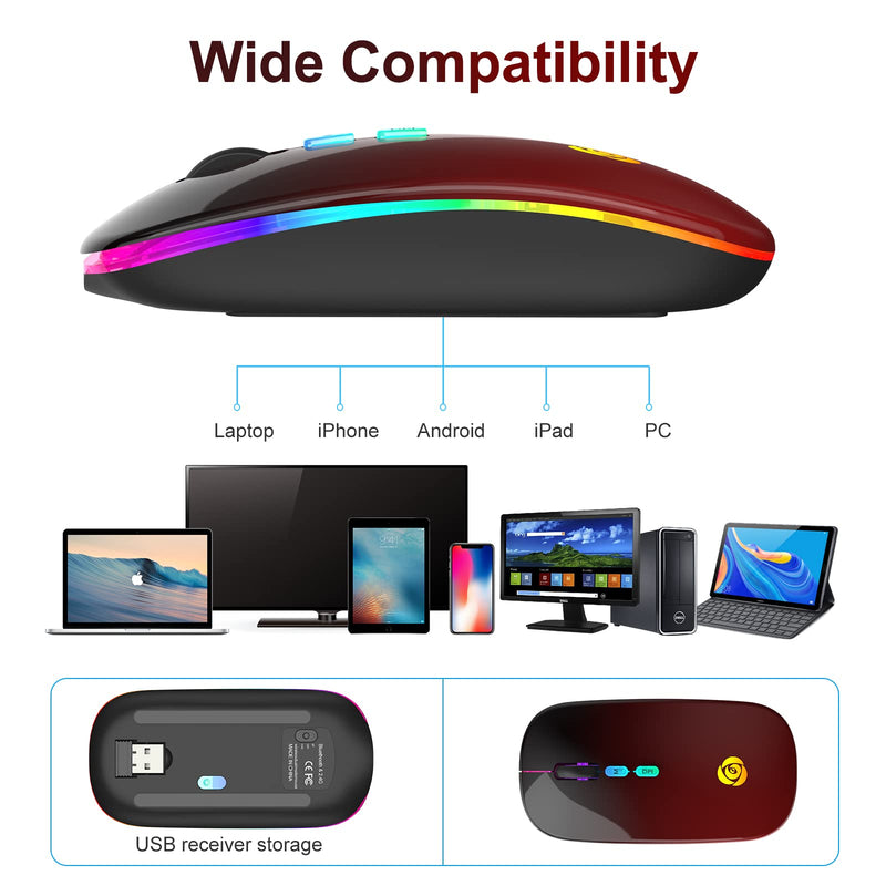 [Australia - AusPower] - LED Wireless Mouse Bluetooth &2.4GHz Instant Connection,Rechargeable Ultra Silent Slim,3 Adjustable DPI 2 Connection Modes with USB-C to USB Adapter for Laptop/MacBook/PC/Tablet/iPad (Black-red) Black-red 