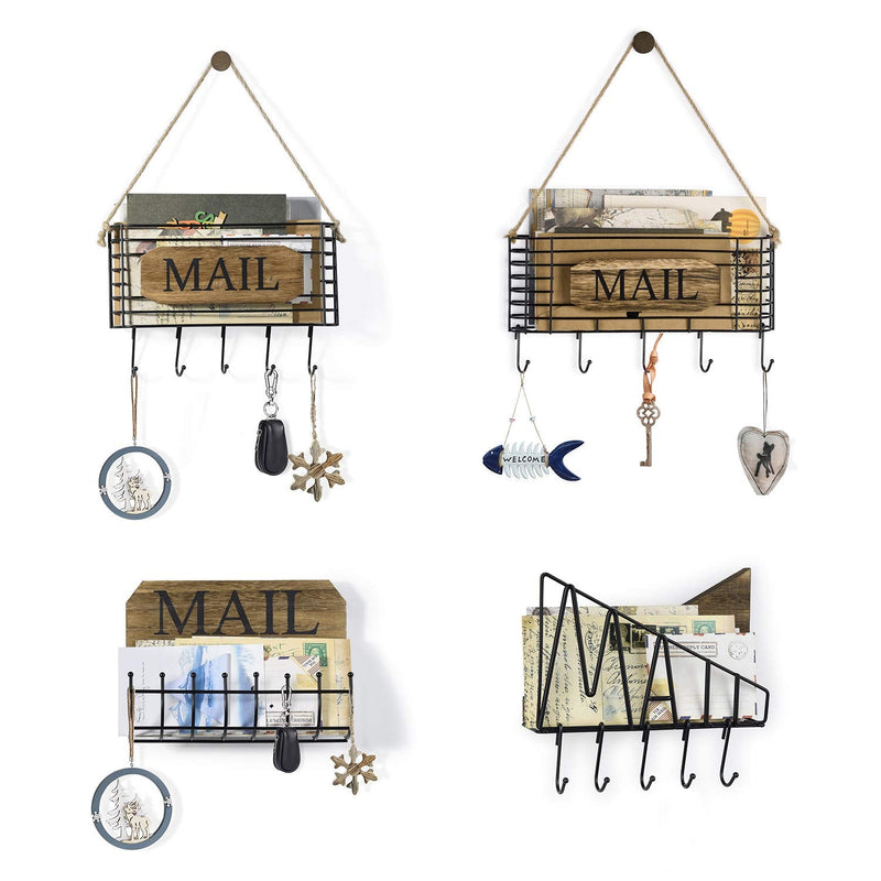 [Australia - AusPower] - SRIWATANA Mail Holder, Rustic Mail Organizer Wall Mount Hanging Mail Sorter Letter Basket with 5 Key Holder for Wall, Large, Carbonized Black 