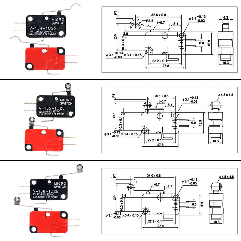 [Australia - AusPower] - Swpeet 24Pcs Micro Limit Switch Assorment Kit, Long Hinge Roller Momentary Cherry Push Button SPDT Snap Action Perfect for Arduino, Appliance and Electronic Equipment - V-151/152/153/154/155/156-1C25 