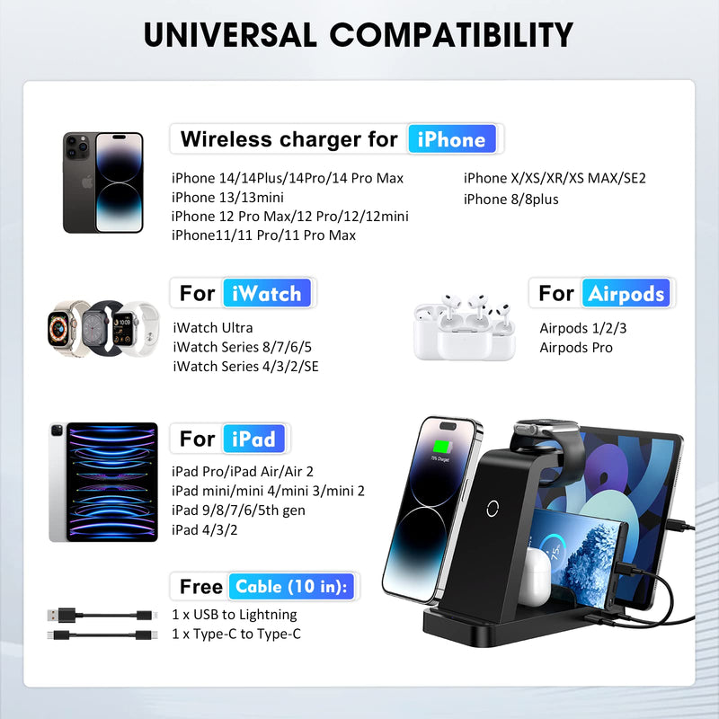 [Australia - AusPower] - Wireless Charger for iPhone - 5 in 1 Charging Station for Multiple Devices Apple: Fast Wireless Charging Stand Dock for iPhone 14 13 12 Pro Max Apple Watch Airpods 