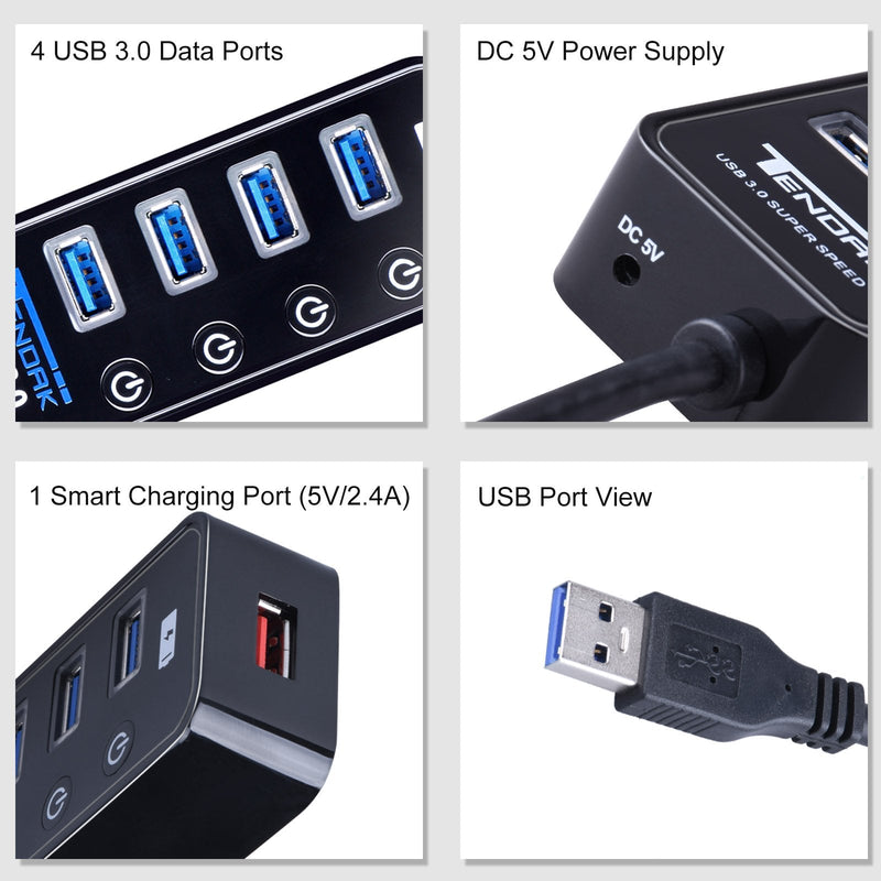 [Australia - AusPower] - USB 3.0 Hub, Tendak USB Hub with 4 USB 3.0 Data Ports + 1 USB Smart Charging Port and Power Supply Adapter with Individual On/Off Port Switches for PS4 Pro PS4 Slim Xbox One 