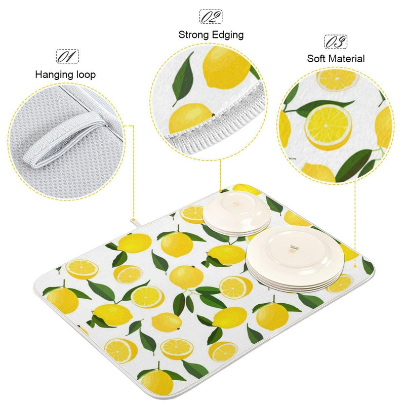 [Australia - AusPower] - Harooni Lemon Dish Drying Mat - Yellow Lemon Leaves Heat Resistant Drying Mat for Kitchen Countertop Home Decoration 16 x 18 Inch 16x18inch 