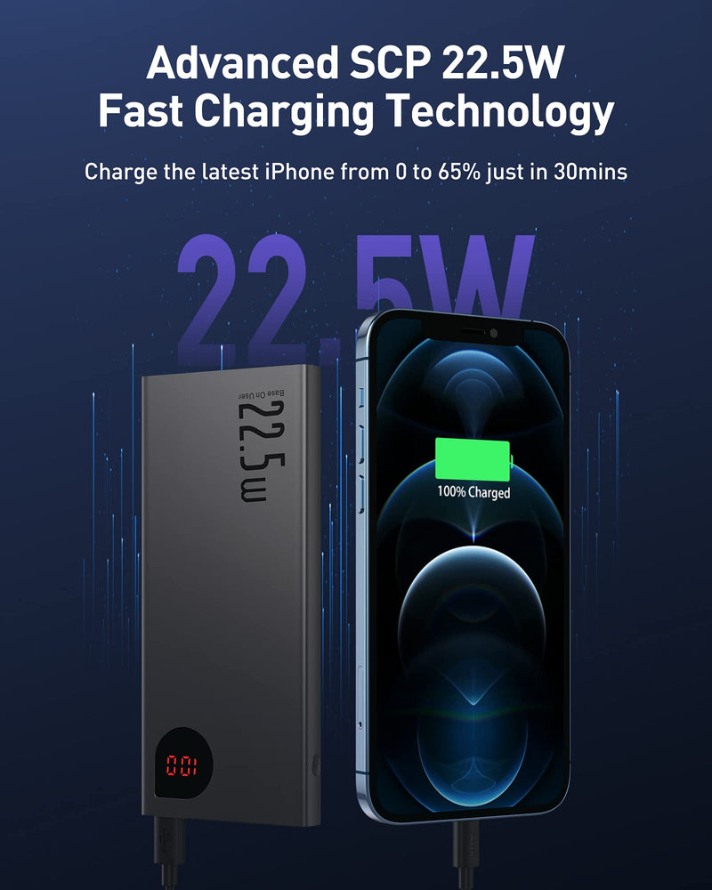 [Australia - AusPower] - Baseus Portable Charger, 22.5W PD3.0 QC4.0+ Fast Charging USB C 10000mAh Power Bank, 5 Ports Battery Pack with Smart LED Display for iPhone 12 11 Pro Samsung S21 S20 Google AirPods iPad Tablet etc black 