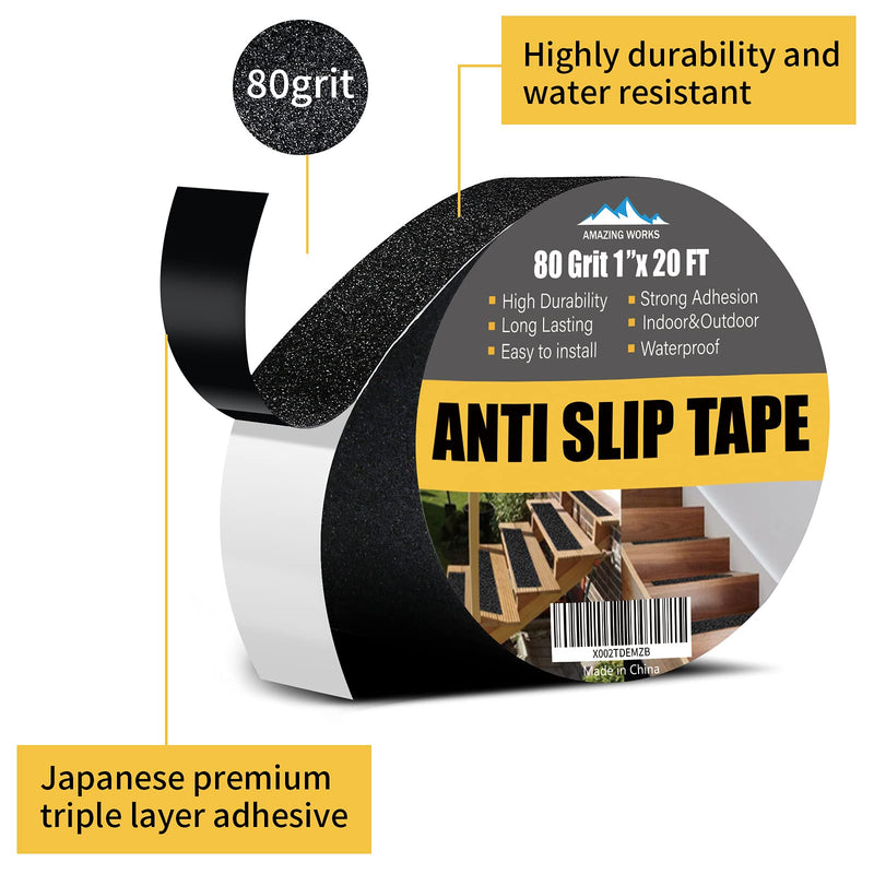 [Australia - AusPower] - Anti Slip Tape - Heavy Duty Grip Tape 80 Grit Non Slip for Stairs Outdoor/Indoor, Waterproof High Traction Stairs Non Skid Treads, Durable Triple Layer Adhesive - Black (1 Inch x 20 Feet) 1 Inch x 20 Feet 