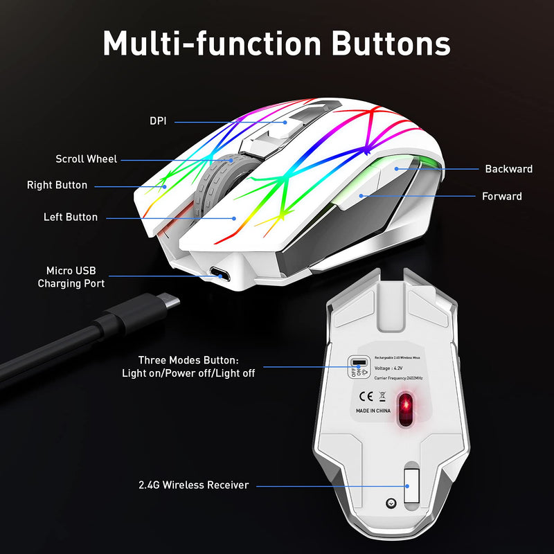 [Australia - AusPower] - Wireless Gaming Mouse, RIIKUNTEK Computer Mouse Rechargeable with 3 Adjustable DPI, Silent Click, USB Receiver, LED Lights, 2.4GHz Portable Ergonomic RGB Optical Gamer Mice Mouse for Laptop PC White 