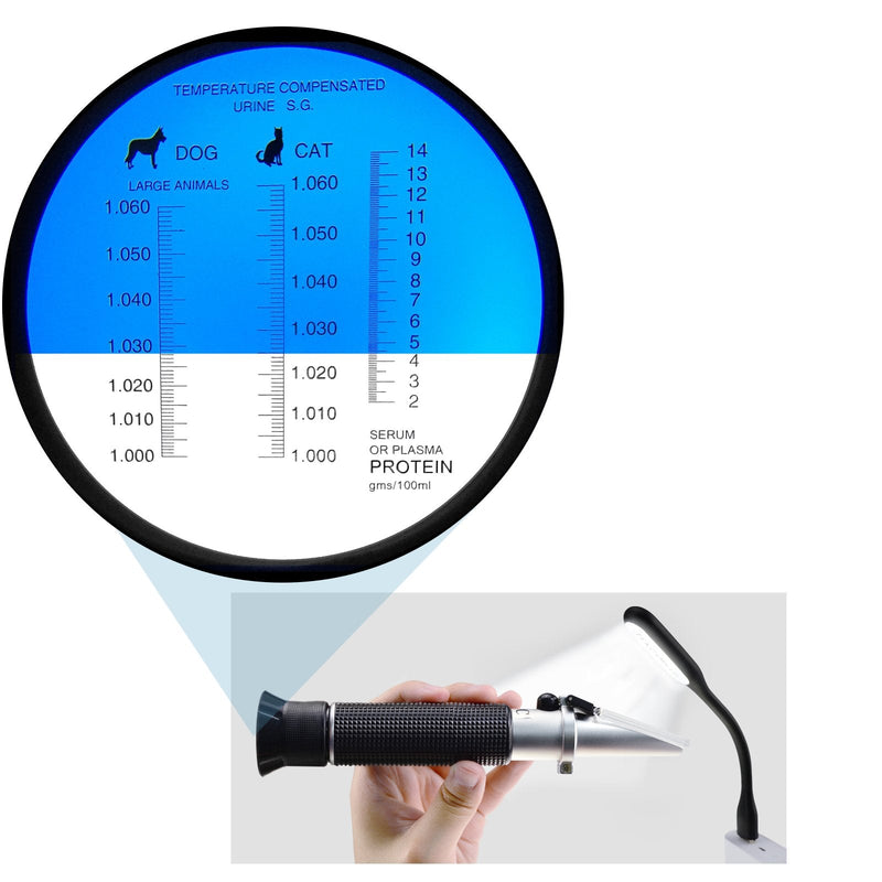 [Australia - AusPower] - Clinical Refractometer,Tri-Scale-Serum Protein 2-14g/dl,Urine Specific Gravity 1.000-1.060SG for Veterinary Cat,Dog, Pets w/Extra LED Light and pipettes Urine SG / Serum Protein 