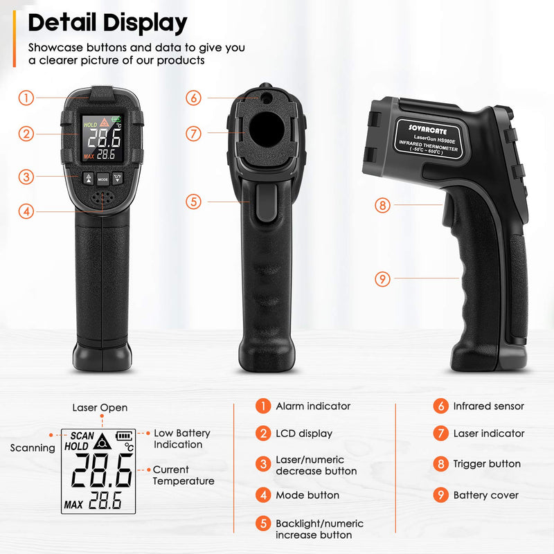 [Australia - AusPower] - Infrared Thermometer SOVARCATE Digital IR Laser Thermometer Temperature Gun High and Low Temperature Alarm -58°F~1112°F Temperature Probe Cooking/Air/Refrigerator 