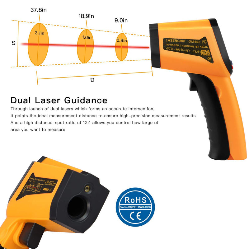[Australia - AusPower] - Laser Infrared Thermometer Non-Contact Digital Temperature Gun，-50°C to 400°C(-58°F to 752°F) IR Thermometer for Industrial,Kitchen Cooking,Ovens (Orange) 