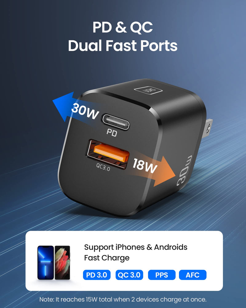 [Australia - AusPower] - USB C Charger, INIU 30W PD QC 3.0 Fast Charging Dual Port Wall Charger Block, Quick Charge USB-C Power Adapter for iPhone 13 12 11 Pro Max Samsung S21 S20 Note 20 iPad Pro Google LG Tablet AirPods etc 