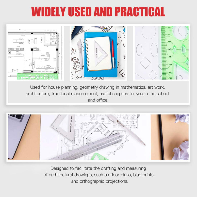 [Australia - AusPower] - Hilitchi 16 Pcs Pack Plastic Measuring Templates Building Formwork Stencils Geometric Building Furniture Drawing Template Geometry Rulers and Drafting Scale Ruler with Eraser Pencil and Refills 