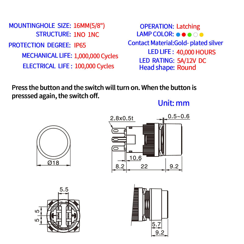 [Australia - AusPower] - 16mm Latching Push Button Switch Round Cap Maintained 0.63" 1NO 1NC SPDT ON/Off with 12v LED Light Waterproof 5 Amps with Wire UL Listed 3 Pcs K16-371 (Green, Latching) Green 