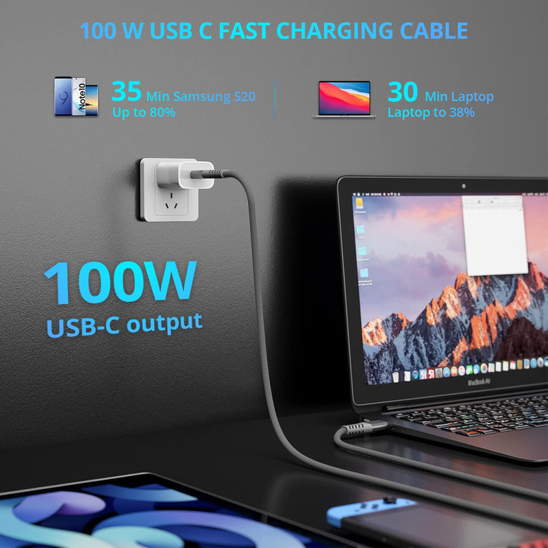 [Australia - AusPower] - USB C to USB C Cable XYYZYZ [ 6.6 ft 2 Pack ] 100W 5A PD QC Type C Fast Charging Cable Nylon Braided Type C Charging Cord Compatible with MacBook Pro, iPad Pro, iPad Air 4, Galaxy -Grey Grey 