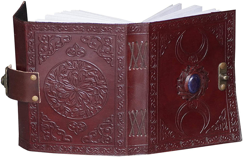 [Australia - AusPower] - Leather Journal Handmade Third Eye Stone Celtic Triple Moon New Embossed Vintage Daily Notepad Unlined Paper 7 x 5 Inches, Sketchbook & Writing Notebook Brown 