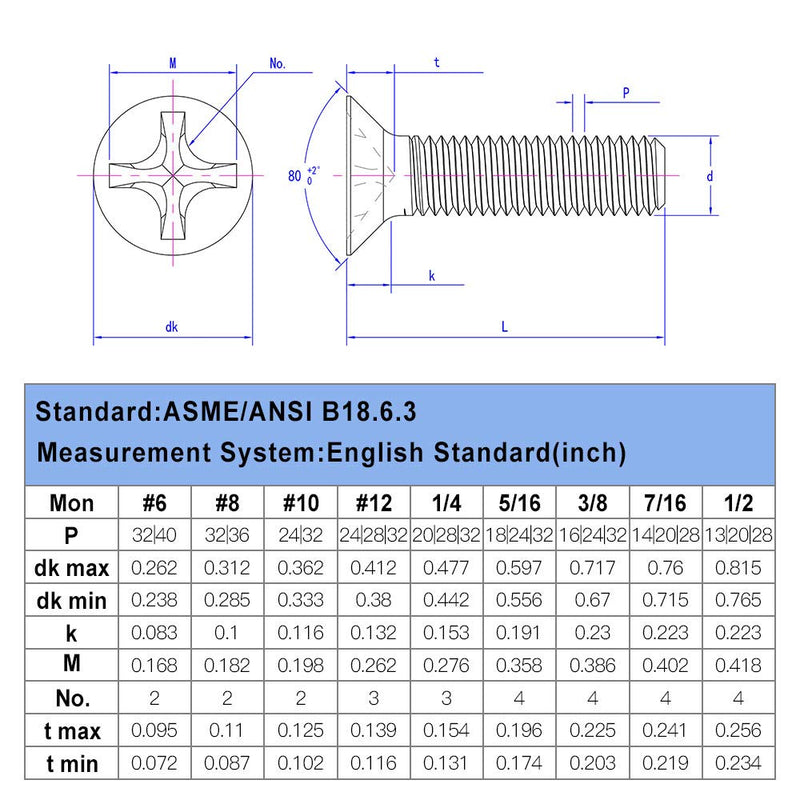 [Australia - AusPower] - 8#32 x 1/2" Flat Countersunk Head Machine Screws, Phillips Drive, 304 Stainless Steel 18-8, Full Thread, Coarse Thread UNC, 50 PCS 8#32 x 1/2" (50 PCS) 