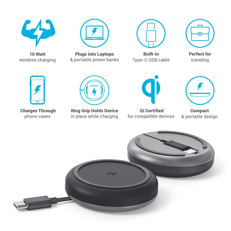 [Australia - AusPower] - TYLT Medallion- Portable QI Wireless Charging Pad, Fast Wireless Charger QI Certified 10W Max Compatible to Apple, Samsung, Wireless Buds, and Other Capable Devices | Connects to Laptop & Powerbank 