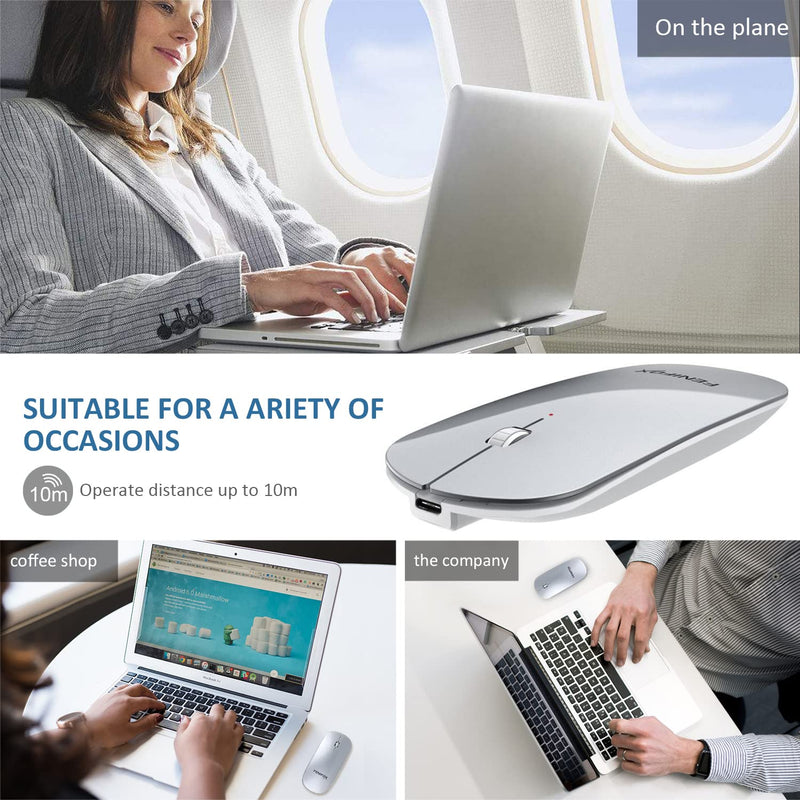 [Australia - AusPower] - Bluetooth Mouse, FENIFOX Slim Mini Portable Flat Travel Wireless Mouse Rechargeable Quiet Ultra-Thin Mice Compatible with Laptop,Tablet,Notebook,PC (Silver and White) Silver 