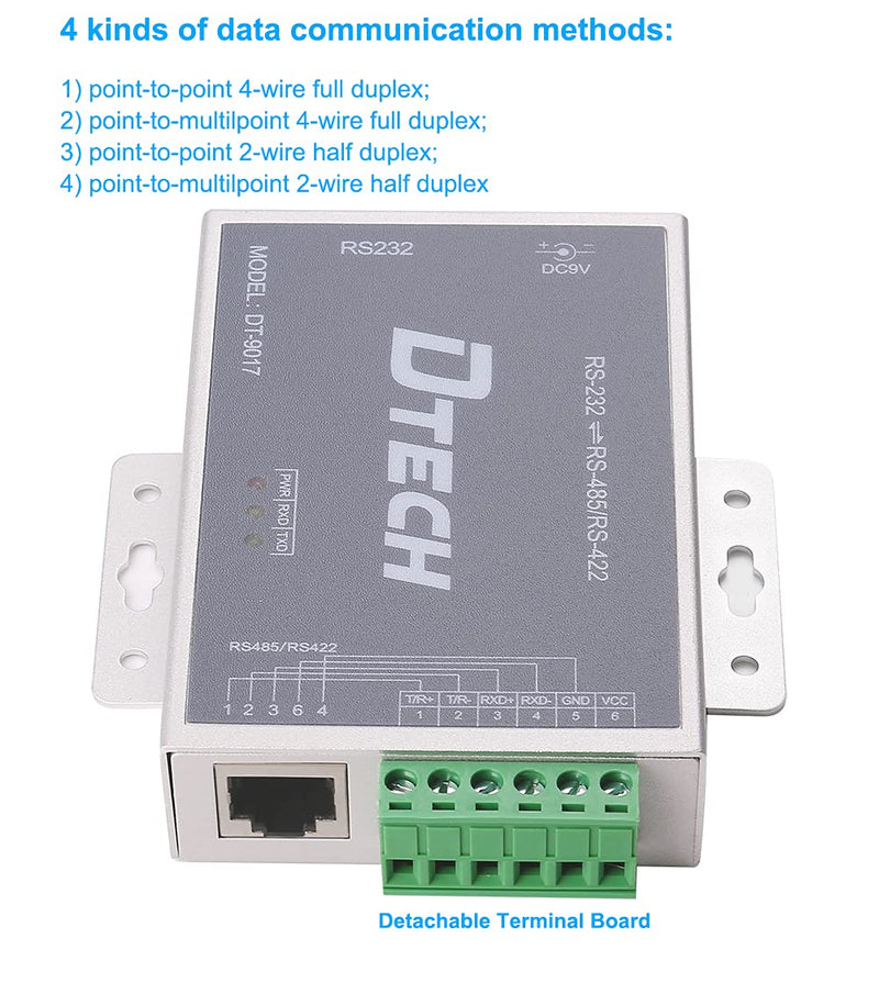 [Australia - AusPower] - DTECH Bi-Directional Active RS232 to RS485 RS422 Serial Converter with Surge Protection 600W 15KV ESD DB9 to RJ45 Phoenix Contacts Adapter Power Supply TX RX LEDs for Long Haul Data Communication 