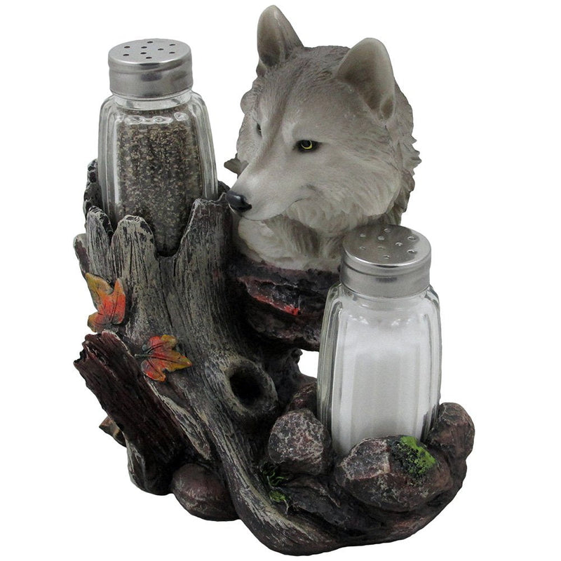 [Australia - AusPower] - Decorative Gray Wolf Glass Salt and Pepper Shaker Set with Holder Figurine for Cabin and Rustic Lodge Restaurant Bar or Kitchen Table Decor, Wildlife Animal Collectibles & Wolves Sculptures As Gifts 