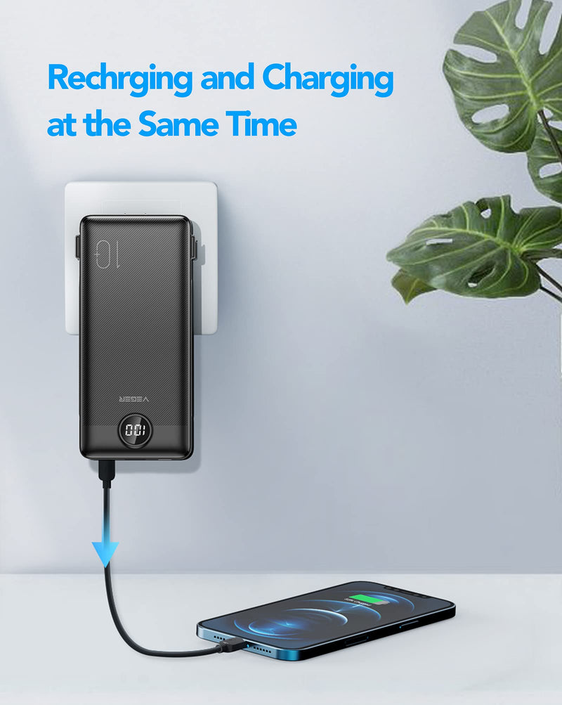 [Australia - AusPower] - VEGER Portable Charger for iPhone Built in Cables Fast Charging USB C Slim 10000 Power Bank, Wall Plug USB Battery Pack for iPhones, iPad, Samsung More Phones Tablets (Black) Black 