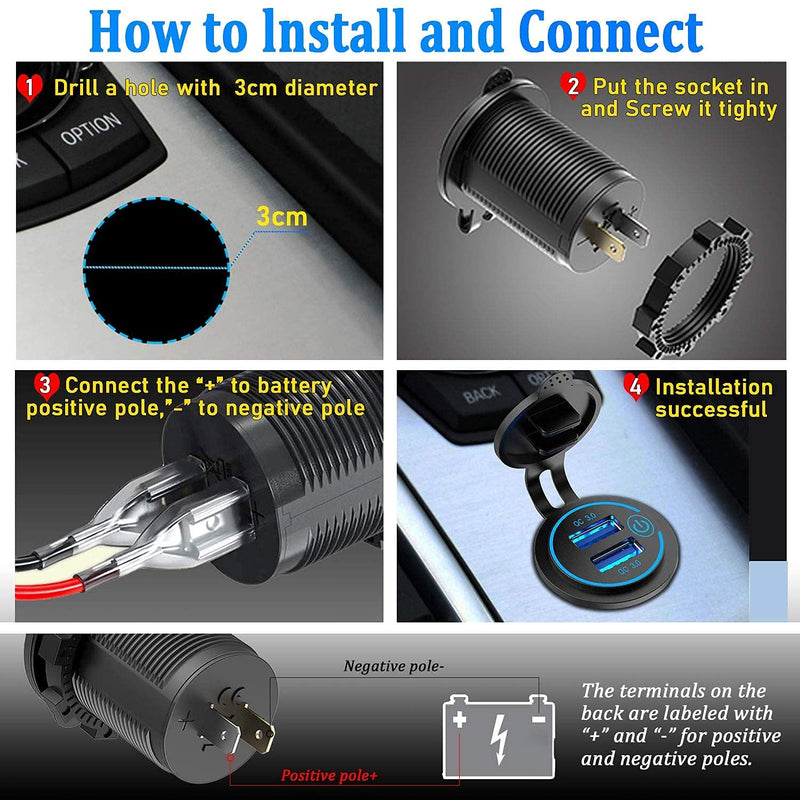 [Australia - AusPower] - [2 Pack] 12V USB Outlet, Quick Charge 3.0 Dual USB Power Outlet with Touch Switch, Waterproof 12V/24V Fast Charge USB Charger Socket DIY Kit for Car Boat Marine Bus Truck Golf Cart RV Motorcycle, etc. 