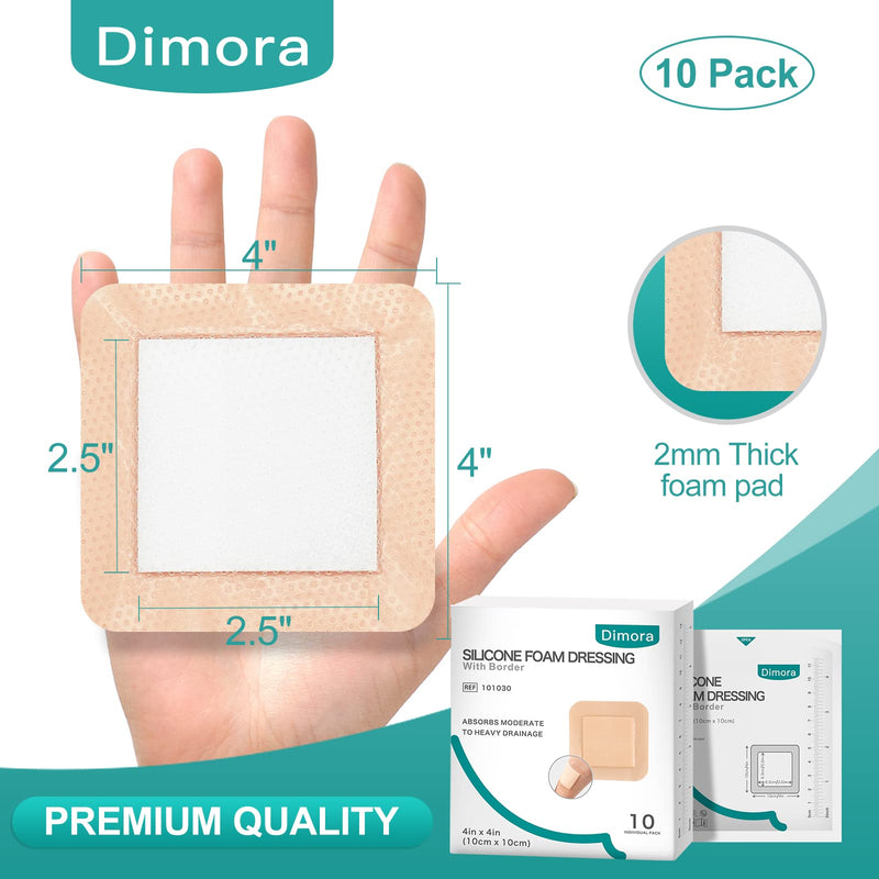 [Australia - AusPower] - Dimora Silicone Foam Dressing with Border Adhesive 4"x4" Waterproof Wound Dressing Bandage for Wound Care 10 Pack 4x4 Inch (Pack of 10) 