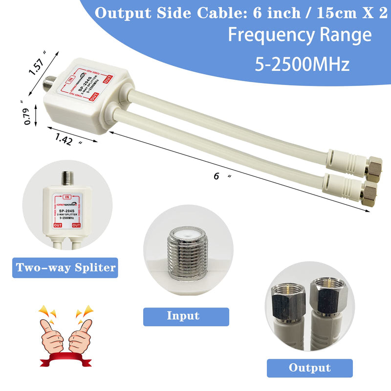 [Australia - AusPower] - GROWORD 2-Way coaxial Cable Splitter, 5-2500MHz CATV Splitter with 6” RG6 Coaxial Cable and 2 Coax Connectors, for Pass Power to LNB, Improve TV Satellite Antenna Signal Quality, Corrosion Resistant 6 inch 