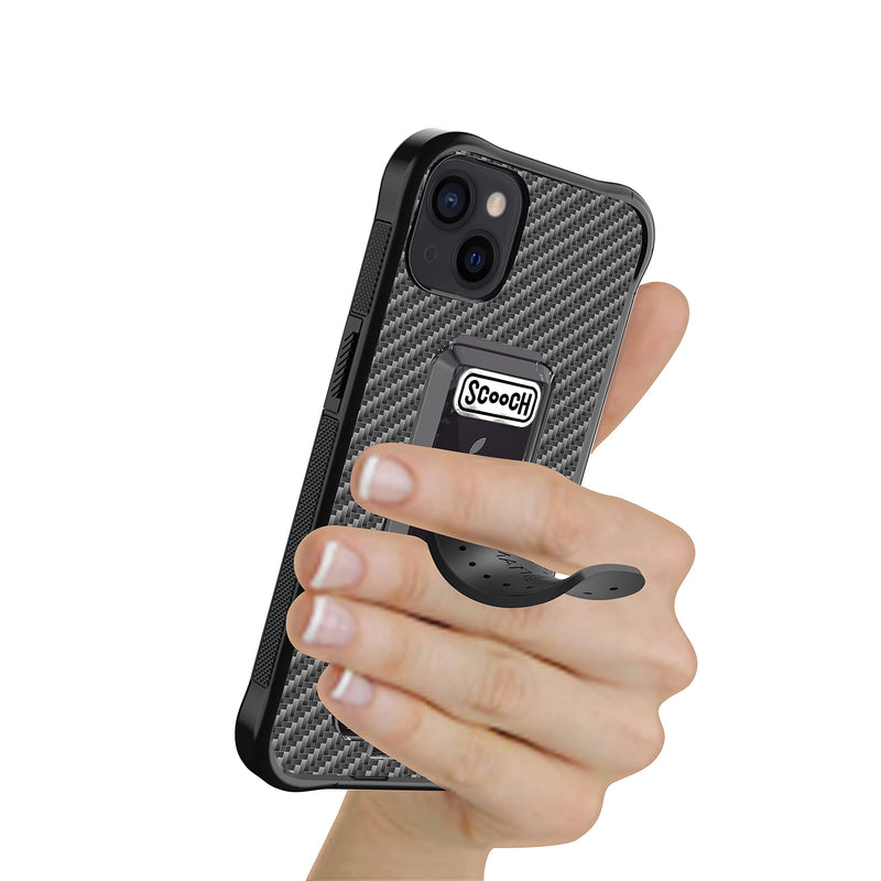 [Australia - AusPower] - Scooch Wingman Case with Pop Out Car Mount, Grip, and Kickstand for iPhone 13 [10 ft Drop Protection] Slim Phone Cover, Compatible with Magnetic Phone Holders 6.1 Inch (2021) (Tuxedo/Carbon Fiber) Tuxedo Case / Carbon Fiber Insert 