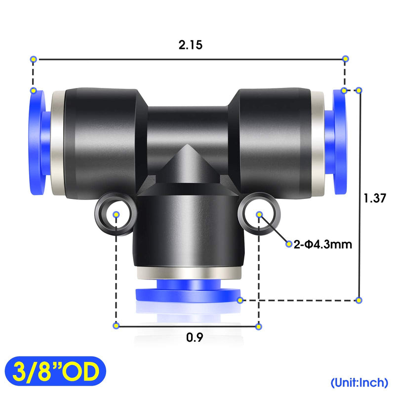 [Australia - AusPower] - TAILONZ PNEUMATIC Blue 3/8 inch OD Tee Plastic Push to Connect Fittings 3 Ways Tube Connect Push Fit Push Lock PE-3/8(Pack of 10) 3/8"OD 