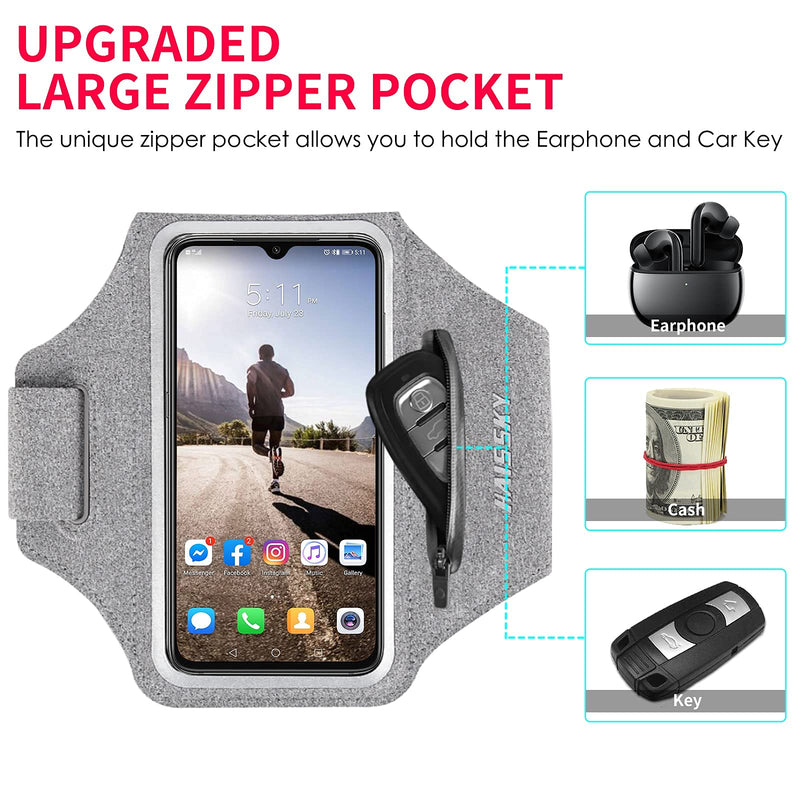 [Australia - AusPower] - HAISSKY Running Armband with Airpods Bag Cell Phone Armband for iPhone 12/11 Pro /11/XR/XS/X/8, Galaxy S9/S8 Water Resistant Sports Phone Holder Case & Zipper Slot Car Key Holder for 6.5 inch Phone Grey (Up to 6.5'') 