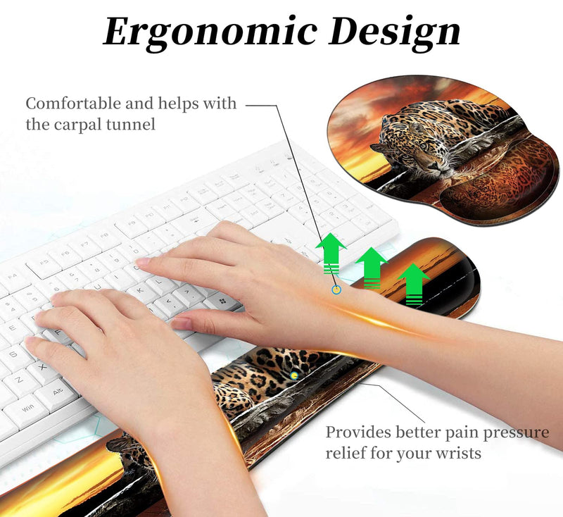 [Australia - AusPower] - Ergonomic Mouse Pad Wrist Support & Keyboard Wrist Rest Set (with Coaster), Memory Foam Gel Keyboard Moue Pads Combo for Easy Typing Pain Relief Computer Laptop Office-Leopard Drinking Leopard Drinking 