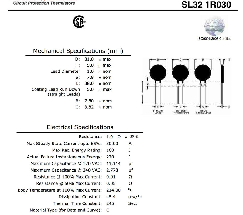 [Australia - AusPower] - Ametherm SL32 1R030 (Pack of 2) NTC Thermistor, SG379 HVAC, Inrush Current Limiter 1 Ohm Ohm ±20% 1.18" (30mm) 