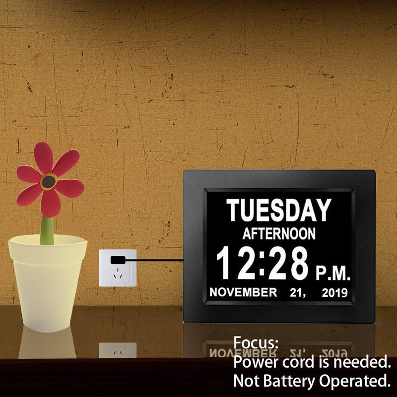 [Australia - AusPower] - Digital Calendar Alarm Day Clock - with 8” Screen Display, am pm, 5 Alarm, for Extra Impaired Vision People, The Aged Seniors, The Dementia, Wall Mounted, black 