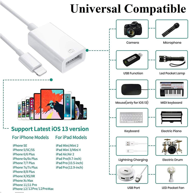[Australia - AusPower] - [Apple MFi Certified] Lightning to USB Camera Adapter for iPhone iPad, USB 3.0 OTG Data Sync Cable Adapter Compatible with iPhone 12 11 XS XR X 8 7 iPad to Card Reader Keyboard Mouse USB Flash Drive 