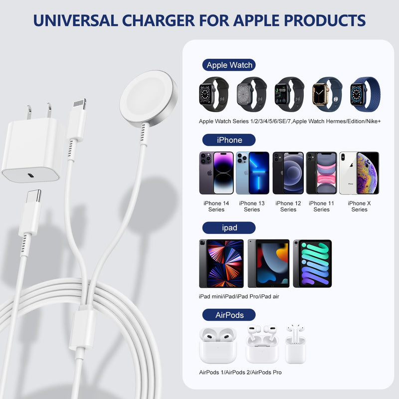 [Australia - AusPower] - USB C Watch Charger, 2-in-1 Magnetic Fast Charging Cable for iPhone and iWatch 6ft and C Wall Outlet for Apple Watch Series SE/8/7/6/5/4/3/2/1 and iPhone 14/13-Black-White White-2in1 
