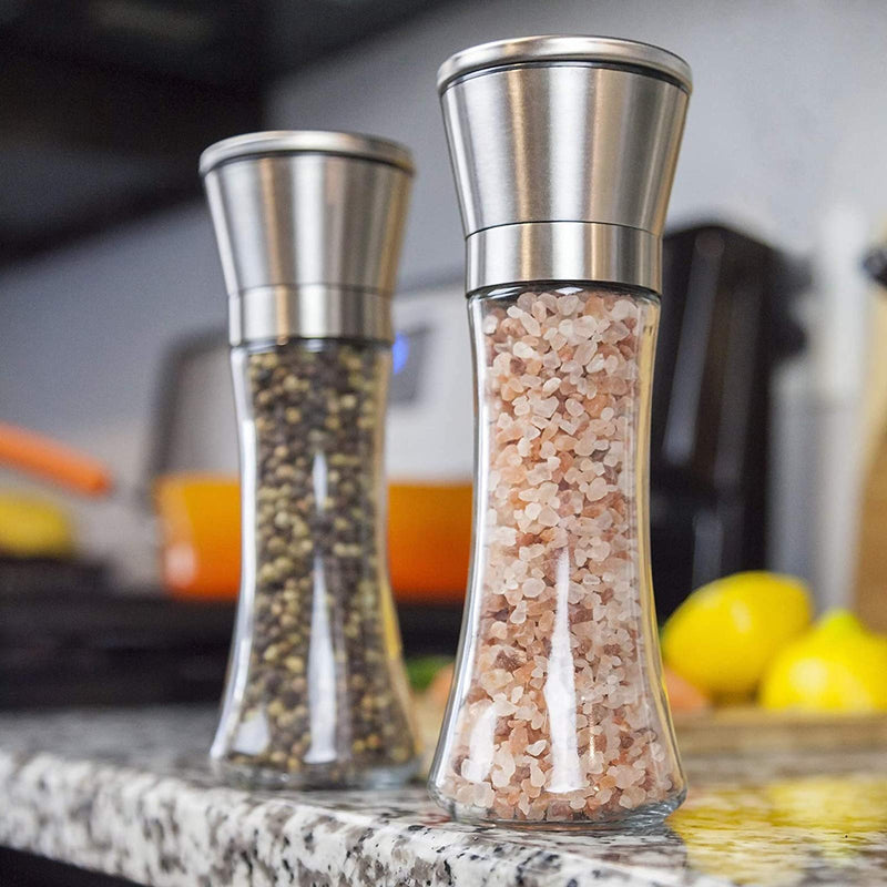 [Australia - AusPower] - N-brand Salt And Pepper Spice Grinder - 304 Stainless Steel Pepper Shakers, Adjustable Ceramic Grinding Core Glass Spice Jars, Suitable For Grinding Black Pepper,Kosher Salt，Chili And Other Spices 