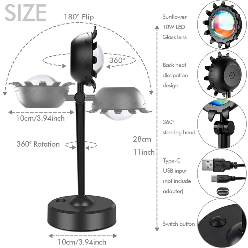 [Australia - AusPower] - YouOKLight Sunset Lamp Projector, Sunset Projector Light LED 16 Colors Brightness Adjustable Projection Night Light with Remote Control USB Charging for Photography Party Home Living Room Bedroom Rgb, Remote Control, Sunflower 