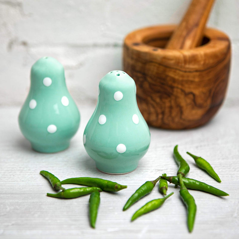 [Australia - AusPower] - Handmade Teal Blue and White Polka Dot Ceramic Salt and Pepper Pots, Shakers, Cruet Set, Holder, Housewarming Gift by City to Cottage® 
