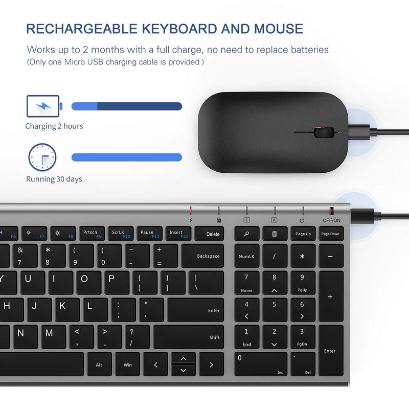 [Australia - AusPower] - seenda Wireless Keyboard Mouse, Slim Thin Rechargeable Keyboard Mouse Combo with Numeric Keypad and Low Profile Keys for PC Computer Desktop Laptop and Windows 11/10/8 -Space Gray Black and Gray, Stainless Steel Wireless Keyboard with Silent Mouse 