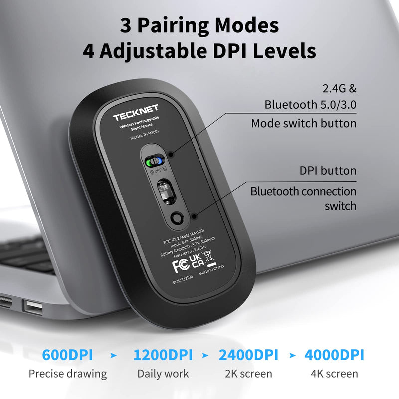 [Australia - AusPower] - TECKNET Rechargeable Bluetooth Mouse for MacBook Pro/iPad/Laptop/Windows, Slim Silent Wireless Mouse Bluetooth 5.0/3.0 2.4G Portable Optical Cordless Mice with USB Receiver 4 Adjustable DPI 