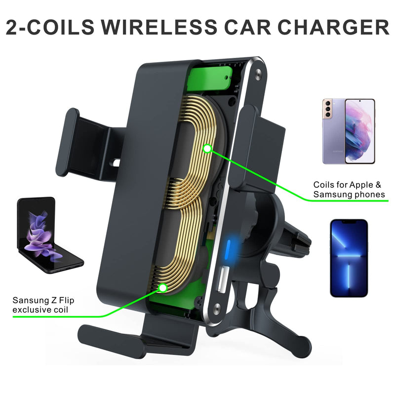 [Australia - AusPower] - MAKAQI Dual Coil Wireless Car Charger for Galaxy Z Flip3 5G/S22+ Ultra,Auto Clamping Fast Charging Car Mount,Dashboard Windshield Air Vent Phone Holder for iPhone13 & Galaxy S & Note & Flip All Series 
